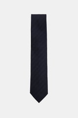 Zegna Tie navy photographed from above, showing a subtle striped pattern with a subtle shine, mix of wool and silk, Made in Italy, width approx. 8 cm.