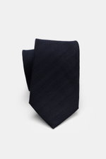 Zegna Tie navy photographed from above, showing a subtle striped pattern with a mix of wool and silk, subtle shine, Made in Italy, width approx. 8 cm.