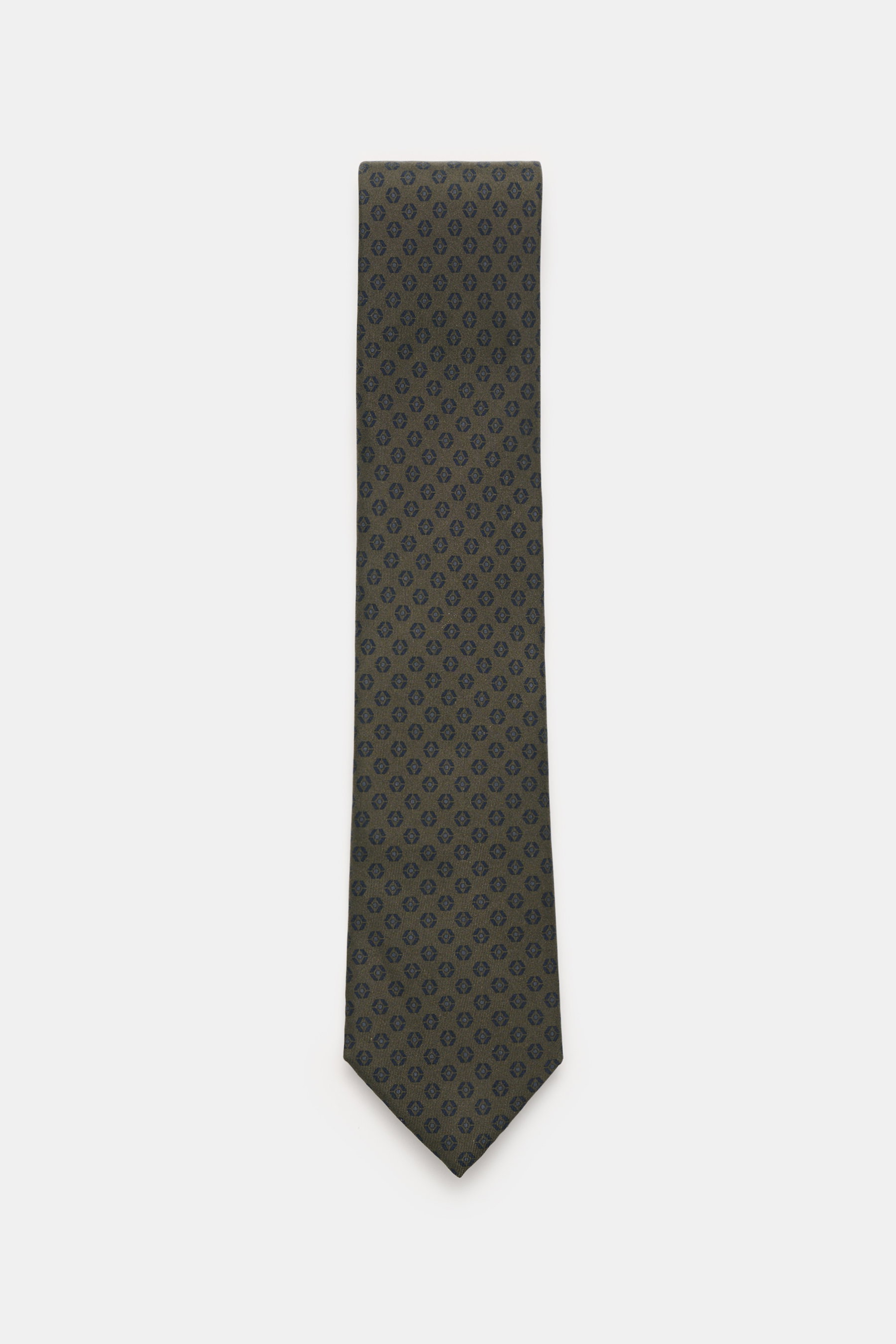 Zegna Seidenkrawatte dunkelgrün/navy gemustert, frontale Draufsicht, reine Seide, dezenter Glanz, grafisches Webmuster, kontrastfarbener Futterstoff, Made in Italy, Breite ca. 8 cm