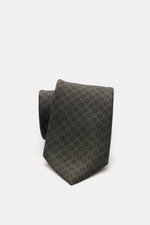 Zegna Seidenkrawatte dunkelgrün/navy gemustert, von vorne fotografiert, reine Seide, dezenter Glanz, grafisches Webmuster, kontrastfarbener Futterstoff, Made in Italy, Breite ca. 8 cm.