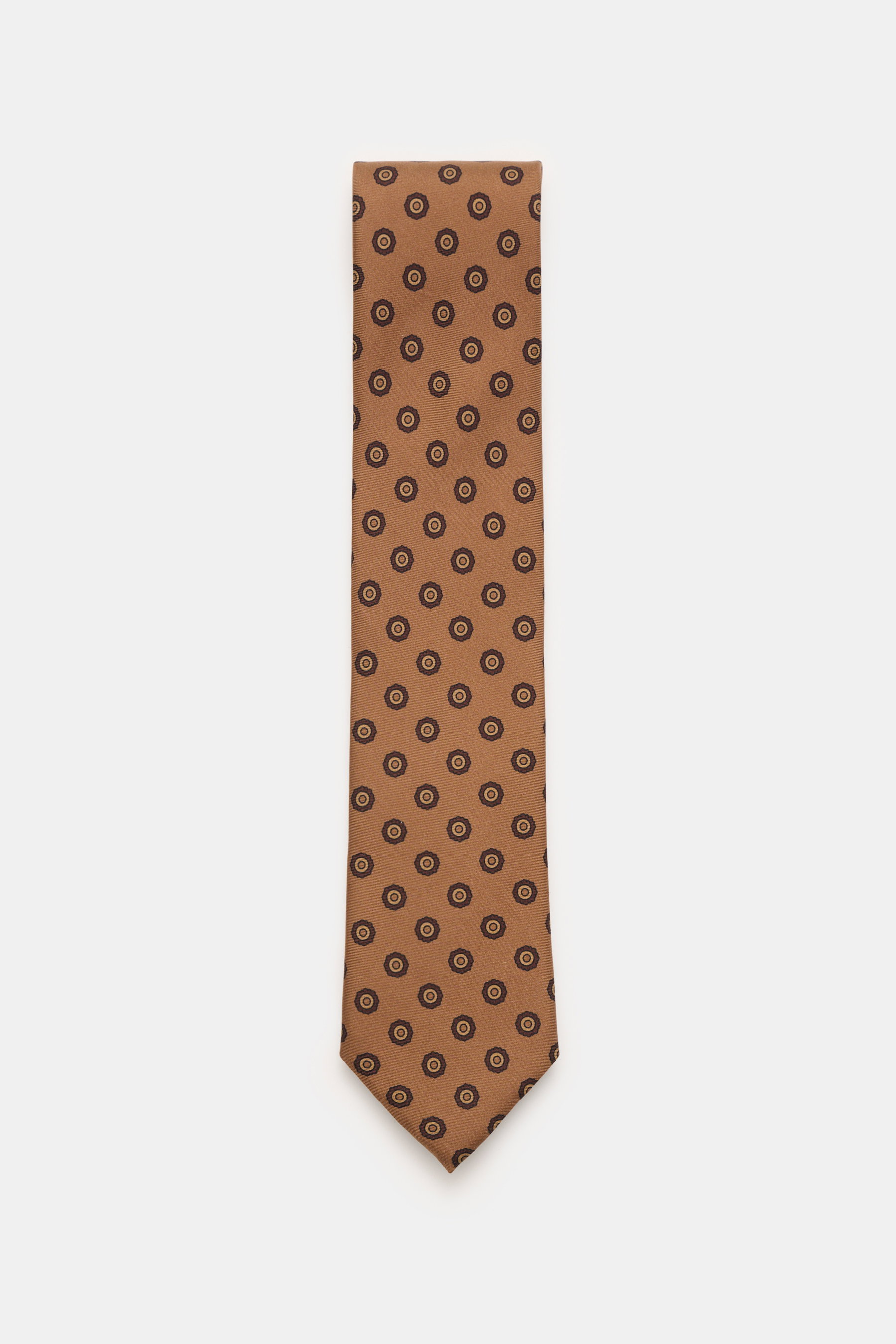 Front view of Zegna Silk tie light brown/dark brown patterned with pure silk, subtle shine, floral woven pattern, contrasting colored lining fabric, Made in Italy, width approx. 8 cm.