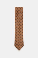 Front view of Zegna Silk tie light brown/dark brown patterned with pure silk, subtle shine, floral woven pattern, contrasting colored lining fabric, Made in Italy, width approx. 8 cm.