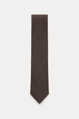 Zegna Seidenkrawatte dunkelbraun/navy gemustert, fotografiert von oben, reine Seide, dezenter Glanz, grafisches Webmuster, kontrastfarbener Futterstoff, Made in Italy, Breite ca. 8 cm.
