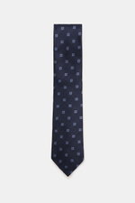 Zegna Silk tie navy/smoky blue patterned shown from above, pure silk with subtle shine, graphic woven pattern, contrasting lining, width approx. 8 cm, Made in Italy.