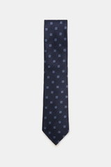 Zegna Silk tie navy/smoky blue patterned shown from above, pure silk with subtle shine, graphic woven pattern, contrasting lining, width approx. 8 cm, Made in Italy.