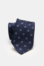 Zegna Silk tie navy/smoky blue patterned shown from front top angle, pure silk, subtle shine, graphic woven pattern, contrasting colored lining fabric, Made in Italy, width approx. 8 cm.