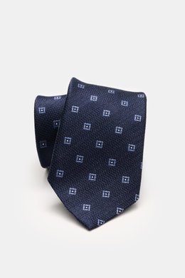 Zegna Silk tie navy/smoky blue patterned shown from front top angle, pure silk, subtle shine, graphic woven pattern, contrasting colored lining fabric, Made in Italy, width approx. 8 cm.