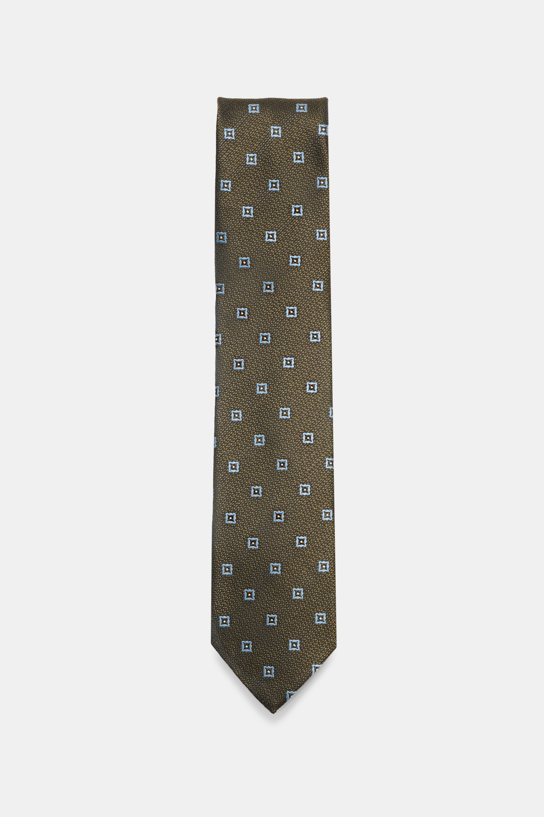 Zegna Silk tie smoky blue/navy patterned shown from front, pure silk, subtle shine, graphic woven pattern, contrasting colored lining fabric, Made in Italy, width approx. 8 cm.