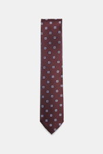 Zegna Seidenkrawatte schwarz/bordeaux/hellgrau gemustert, frontal fotografiert, reine Seide, dezenter Glanz, feines Webmuster, monochromer Futterstoff, Made in Italy, Breite ca. 8 cm.