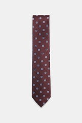 Zegna Seidenkrawatte schwarz/bordeaux/hellgrau gemustert, frontal fotografiert, reine Seide, dezenter Glanz, feines Webmuster, monochromer Futterstoff, Made in Italy, Breite ca. 8 cm.