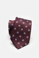 Zegna Seidenkrawatte schwarz/bordeaux/hellgrau gemustert, Detailaufnahme seitlich, reine Seide, dezenter Glanz, feines Webmuster, monochromer Futterstoff, Made in Italy, Breite ca. 8 cm.
