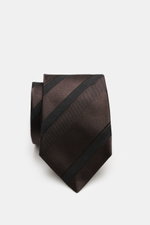 Brunello Cucinelli Seidenkrawatte dunkelbraun/schwarz gestreift, liegend fotografiert, reine Seide, dezent glänzend, Diagonalstreifen, Made in Italy, ca. 8 cm breit