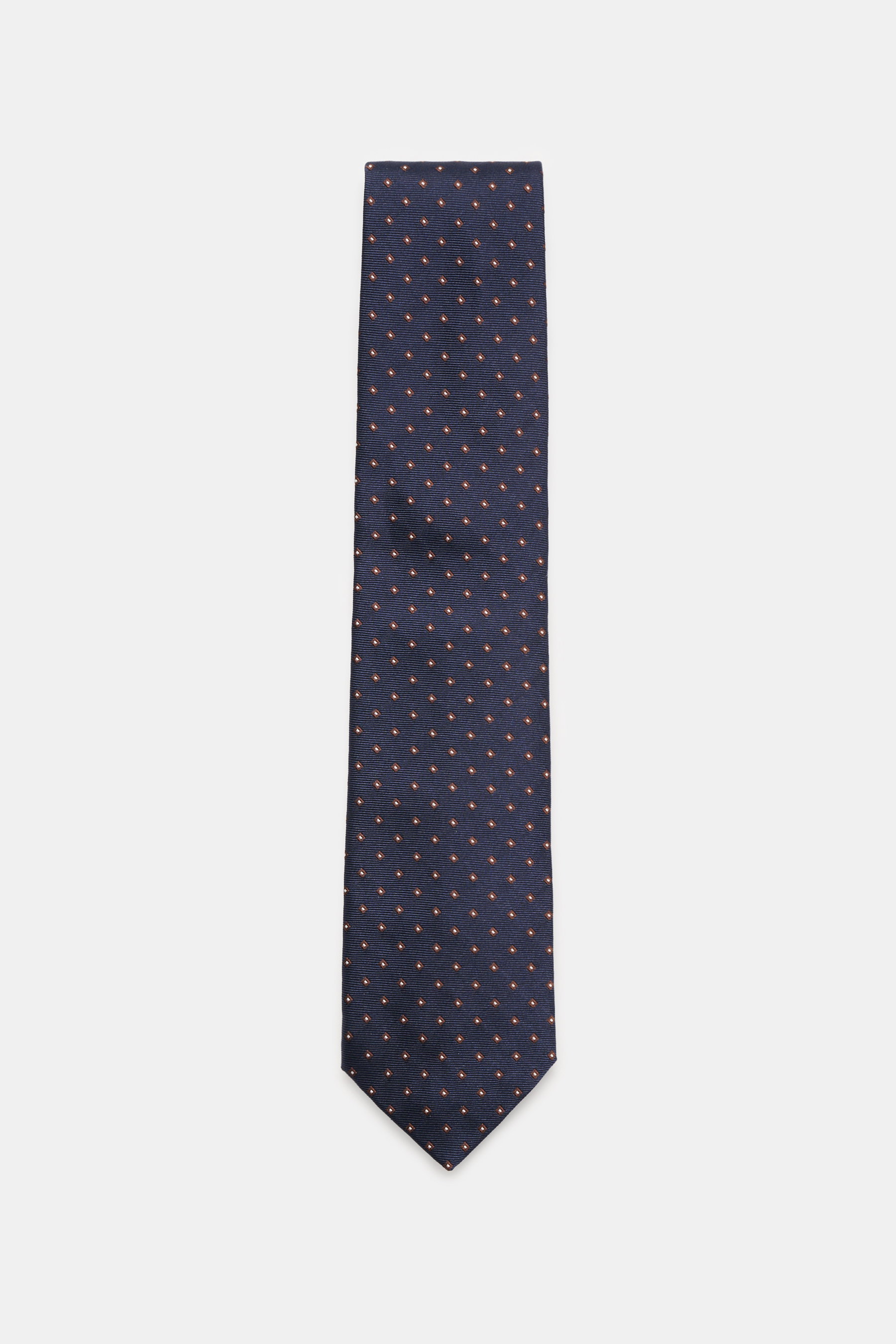 Borrelli Seidenkrawatte dark navy/dunkelbraun/weiß gemustert, reine Seide, feines Webmuster, tonaler Futterstoff, Made in Italy, 8 cm breit, frontal fotografiert.