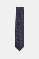 Borrelli Seidenkrawatte dark navy/dunkelbraun/weiß gemustert, reine Seide, feines Webmuster, tonaler Futterstoff, Made in Italy, 8 cm breit, frontal fotografiert.