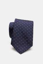 Borrelli Seidenkrawatte dark navy/dunkelbraun/weiß gemustert, nah von oben fotografiert, reine Seide, zeitloses Webmuster, tonaler Futterstoff, Made in Italy, 8 cm breit.