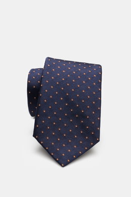 Borrelli Seidenkrawatte dark navy/dunkelbraun/weiß gemustert, nah von oben fotografiert, reine Seide, zeitloses Webmuster, tonaler Futterstoff, Made in Italy, 8 cm breit.
