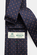 Borrelli Seidenkrawatte dark navy/dunkelbraun/weiß gemustert, Ton-in-Ton Futter, reine Seide, 8 cm breit, zeitloses Webmuster, Made in Italy, Nahaufnahme von oben.