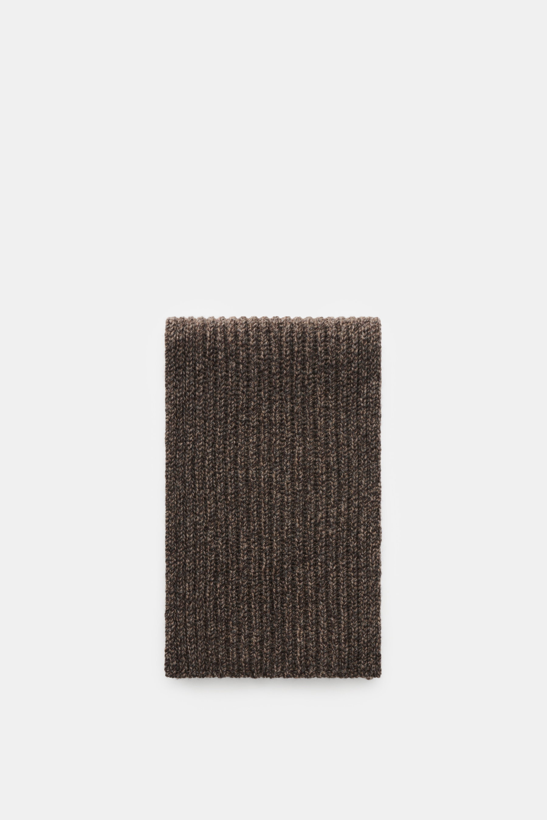 Agnona Cashmere Schal graubraun meliert, mittelfeines Patent-Strickmuster, weicher Griff, aus reiner Cashmere, liegend von oben fotografiert, ca. 140x21 cm.