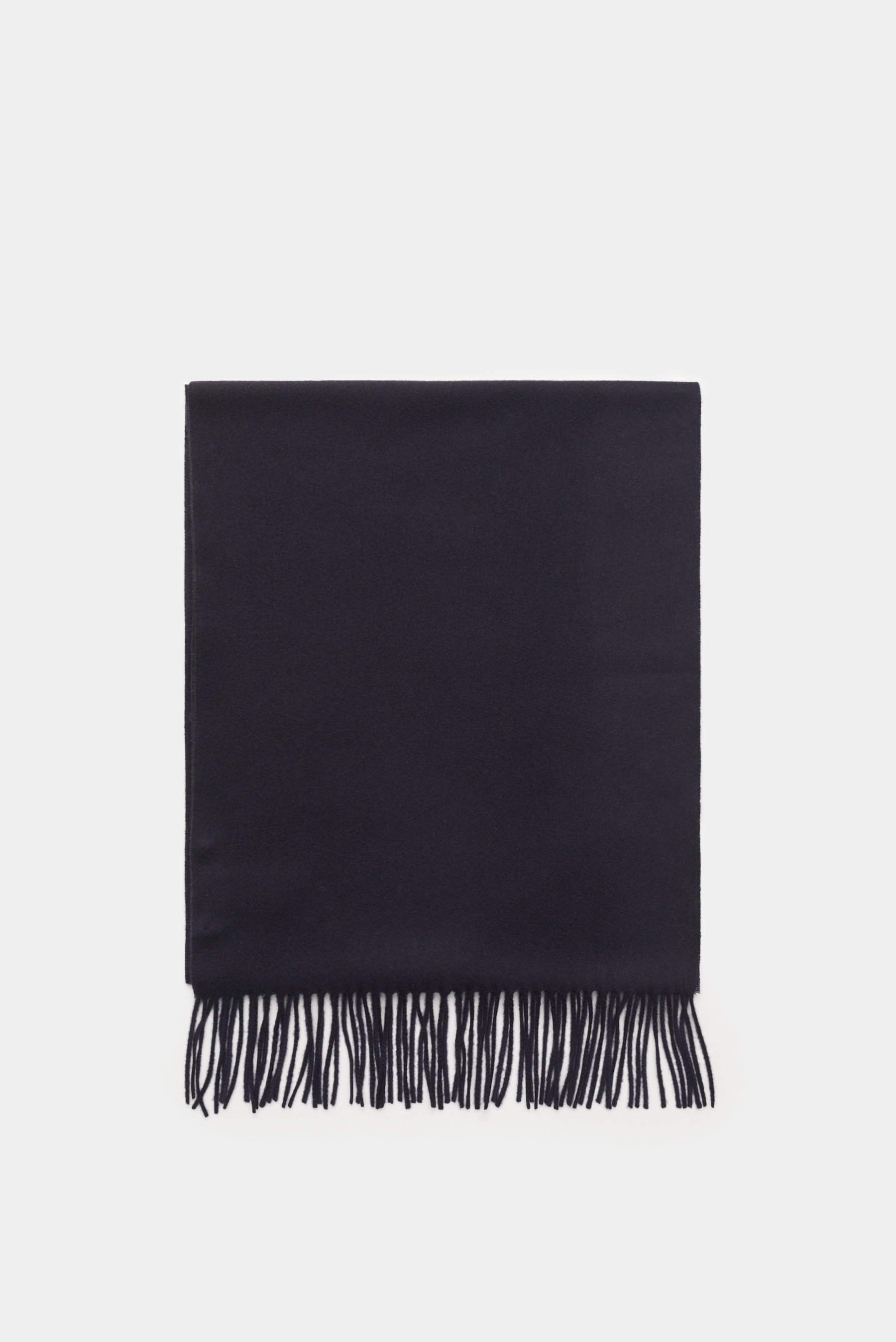 Moorer Cashmere Schal 'Kade' navy, von oben fotografiert, reiner Cashmere, softer Griff, beidseitige Fransenkante, ca. 172x35 cm.
