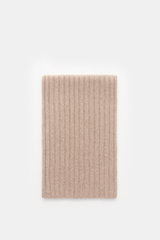 von Braun Cashmere Schal beige meliert liegend von oben fotografiert, reiner Cashmere, weicher Griff, feines Rippstrick-Design, 169x25 cm, schützt vor ungemütlichem Wetter