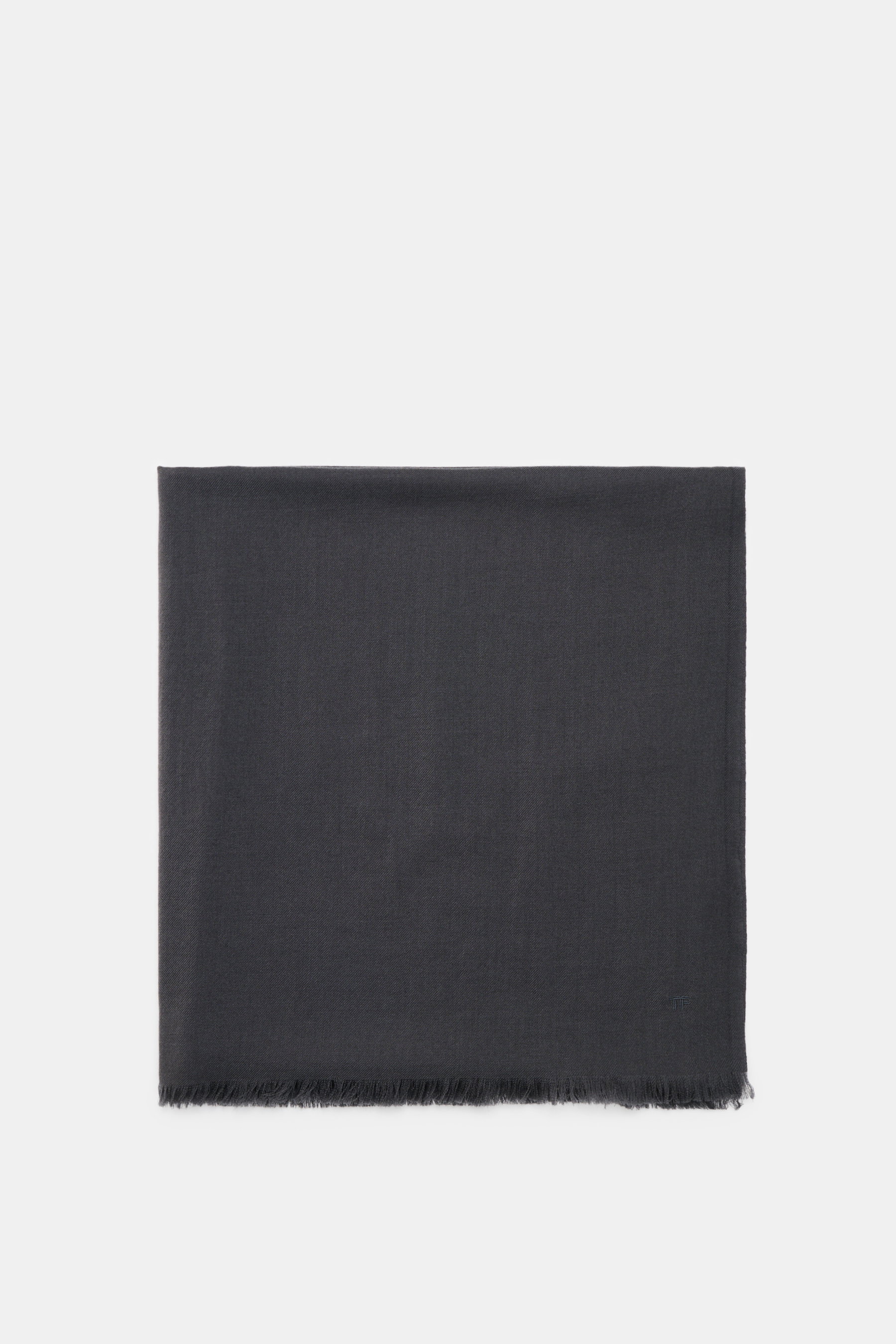 Top-down view of Tom Ford Scarf dark grey, made of pure lightweight wool with fringed edge and tonal embroidered logo.