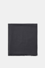Top-down view of Tom Ford Scarf dark grey, made of pure lightweight wool with fringed edge and tonal embroidered logo.