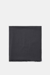 Top-down view of Tom Ford Scarf dark grey, made of pure lightweight wool with fringed edge and tonal embroidered logo.