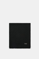 Emporio Armani Scarf black shown from above, pure virgin wool with soft, textured feel, distinctive striped weave, fringed edge, approx. 180x38 cm.