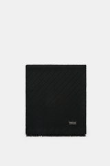 Emporio Armani Scarf black shown from above, pure virgin wool with soft, textured feel, distinctive striped weave, fringed edge, approx. 180x38 cm.