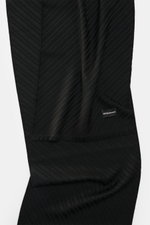 Emporio Armani Scarf black shown from a top front angle, featuring pure virgin wool, soft textured feel, distinctive striped weave pattern, all-around fringed edge, dimensions approx. 180 cm x 38 cm.