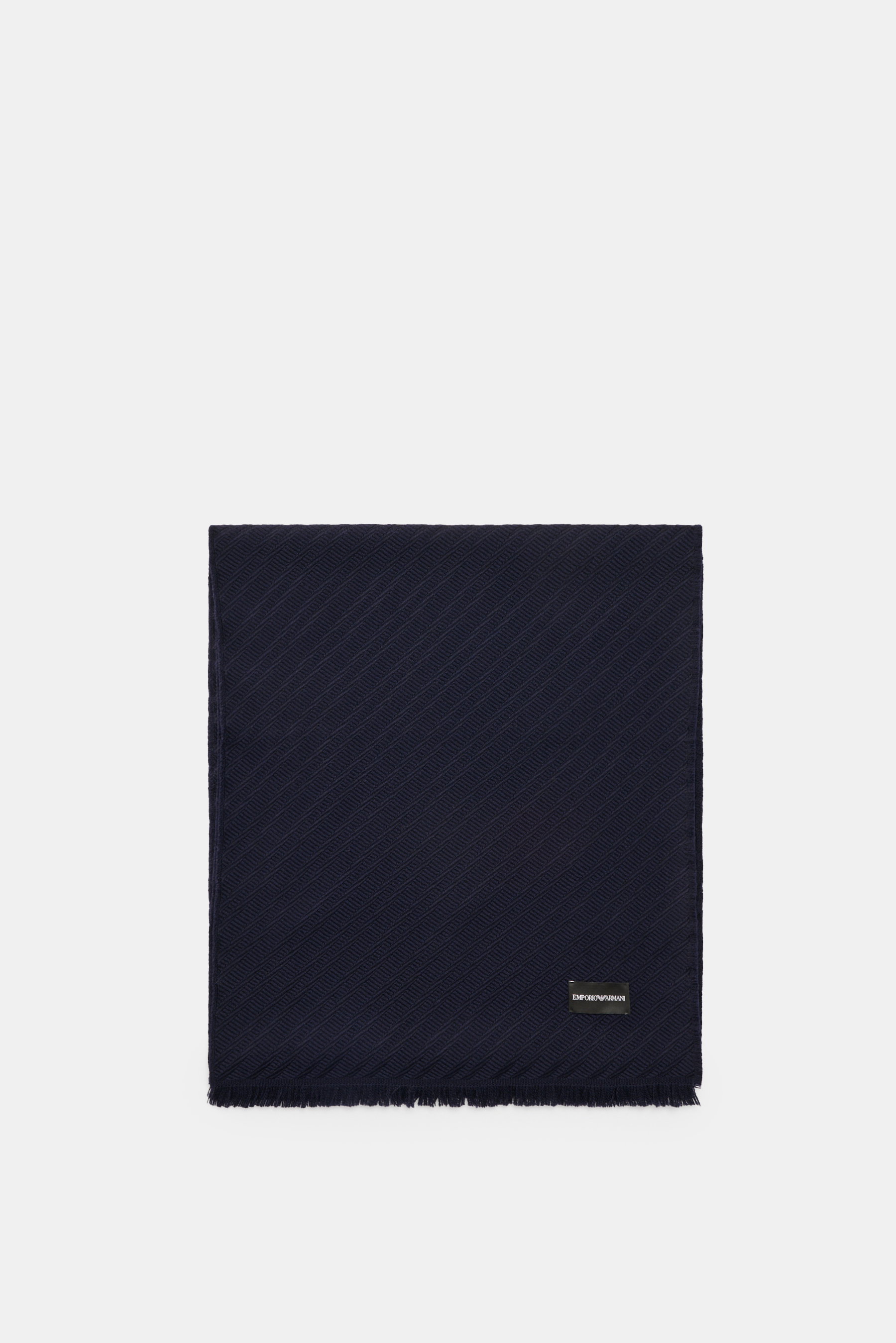 Emporio Armani Schal navy, rechteckig flach liegend, reine Schurwolle, weicher Griff, markantes Streifen-Webmuster, Fransenkante, 180x38 cm.