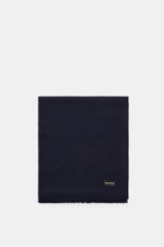 Emporio Armani Scarf navy shown from above, pure virgin wool, soft textured feel, distinctive striped weave, fringed edge, approx. 180x38 cm.