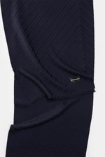Emporio Armani Scarf navy shown from top-down view, pure virgin wool with soft, textured feel, distinctive striped weave pattern, all-around fringed edge, dimensions approx. 180 cm x 38 cm.