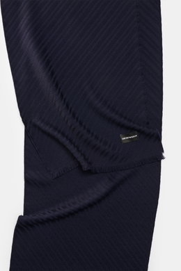 Emporio Armani Scarf navy shown from top-down view, pure virgin wool with soft, textured feel, distinctive striped weave pattern, all-around fringed edge, dimensions approx. 180 cm x 38 cm.