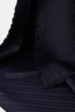 Close-up front view of Emporio Armani Scarf navy showing soft, textured pure virgin wool with a distinctive striped weave pattern and all-around fringed edge, dimensions approx. 180 cm x 38 cm.