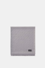 Emporio Armani Scarf grey shown from above, pure virgin wool with a soft, textured feel, distinctive striped weave pattern, all-around fringed edge, dimensions approx. 180 cm x 38 cm.