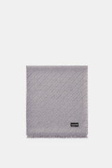 Emporio Armani Scarf grey shown from above, pure virgin wool with a soft, textured feel, distinctive striped weave pattern, all-around fringed edge, dimensions approx. 180 cm x 38 cm.