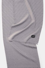 Emporio Armani Scarf grey shown from top view, pure virgin wool, soft textured feel, striped weave, fringed edge, approx. 180x38 cm.