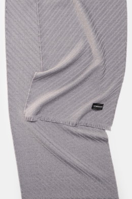 Emporio Armani Scarf grey shown from top view, pure virgin wool, soft textured feel, striped weave, fringed edge, approx. 180x38 cm.
