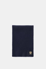 Belstaff Scarf 'Watch' navy, front view of cozy pure wool scarf in wide rib knit texture with soft feel and Belstaff label, 155x30 cm.