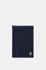 Belstaff Scarf 'Watch' navy, front view of cozy pure wool scarf in wide rib knit texture with soft feel and Belstaff label, 155x30 cm.