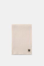 Belstaff Scarf 'Watch' light grey, folded flat and photographed from above, shows wide rib knit pattern, pure wool, soft feel, with typical BELSTAFF label, approx. 155 cm x 30 cm.
