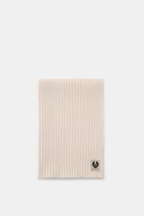Belstaff Scarf 'Watch' light grey, folded flat and photographed from above, shows wide rib knit pattern, pure wool, soft feel, with typical BELSTAFF label, approx. 155 cm x 30 cm.