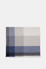 Brunello Cucinelli Scarf light grey/grey blue/navy checked shown from above, large checked pattern, blend wool and cashmere, smooth touch, narrow fringed hem, approx. 162 cm x 47 cm.
