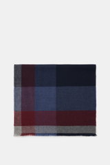Brunello Cucinelli Schal navy/bordeaux/grau kariert, großes Karomuster, schmaler Fransensaum, aus Wolle und Cashmere, flach liegend von oben fotografiert.