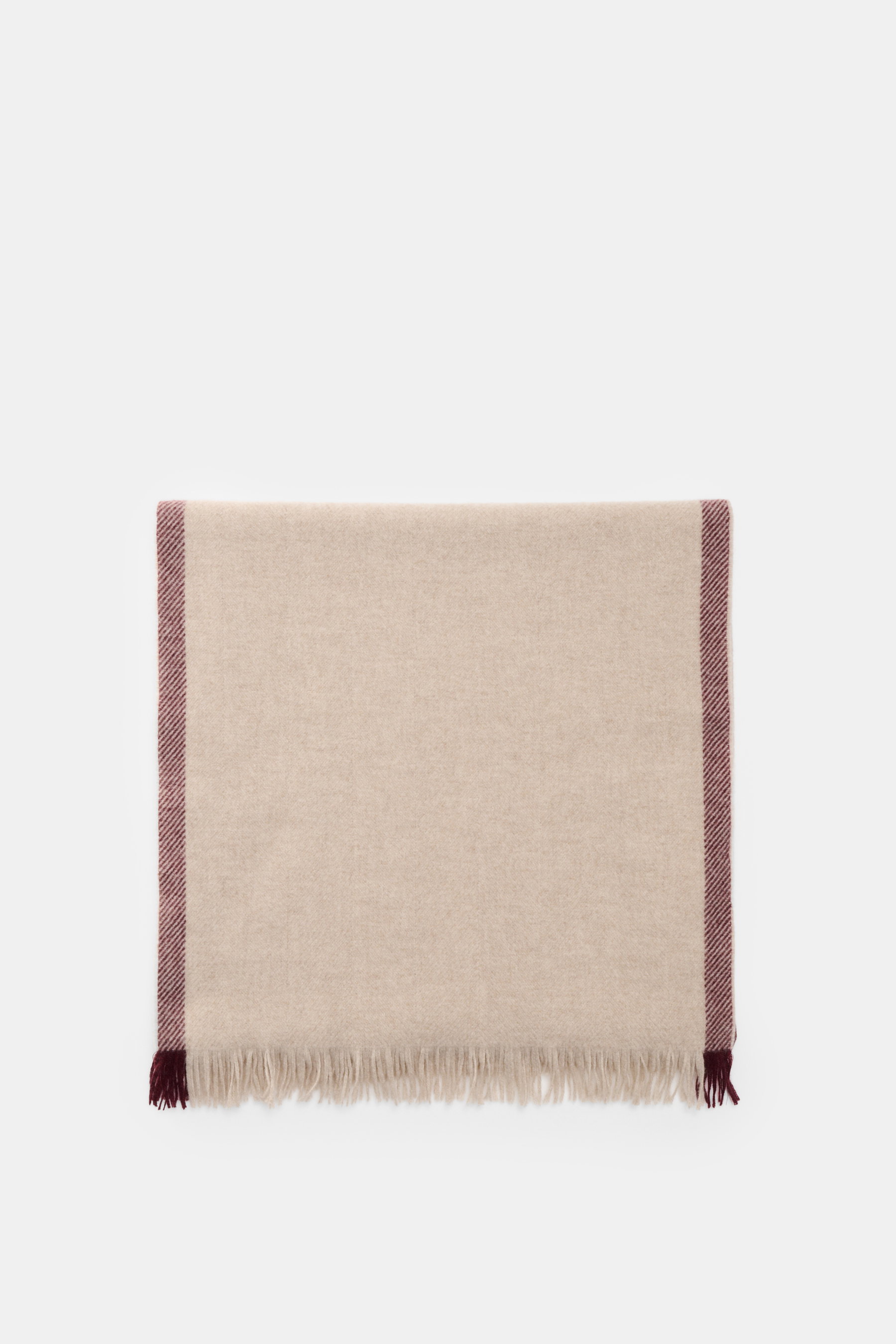 Brunello Cucinelli Cashmere Schal beige/bordeaux, schmaler Fransensaum, aus reiner Cashmere, sehr weicher Griff, Maße ca. 162x44 cm, flach von oben fotografiert.