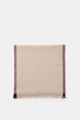 Brunello Cucinelli Cashmere scarf dark grey/bordeaux folded, top-down view, pure cashmere, very soft touch, narrow fringed edge, approx. 162x44 cm.