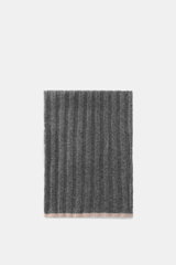 Brunello Cucinelli Cashmere Scarf dark grey, folded flat, ribbed knit pattern, soft pure cashmere, photographed from above.