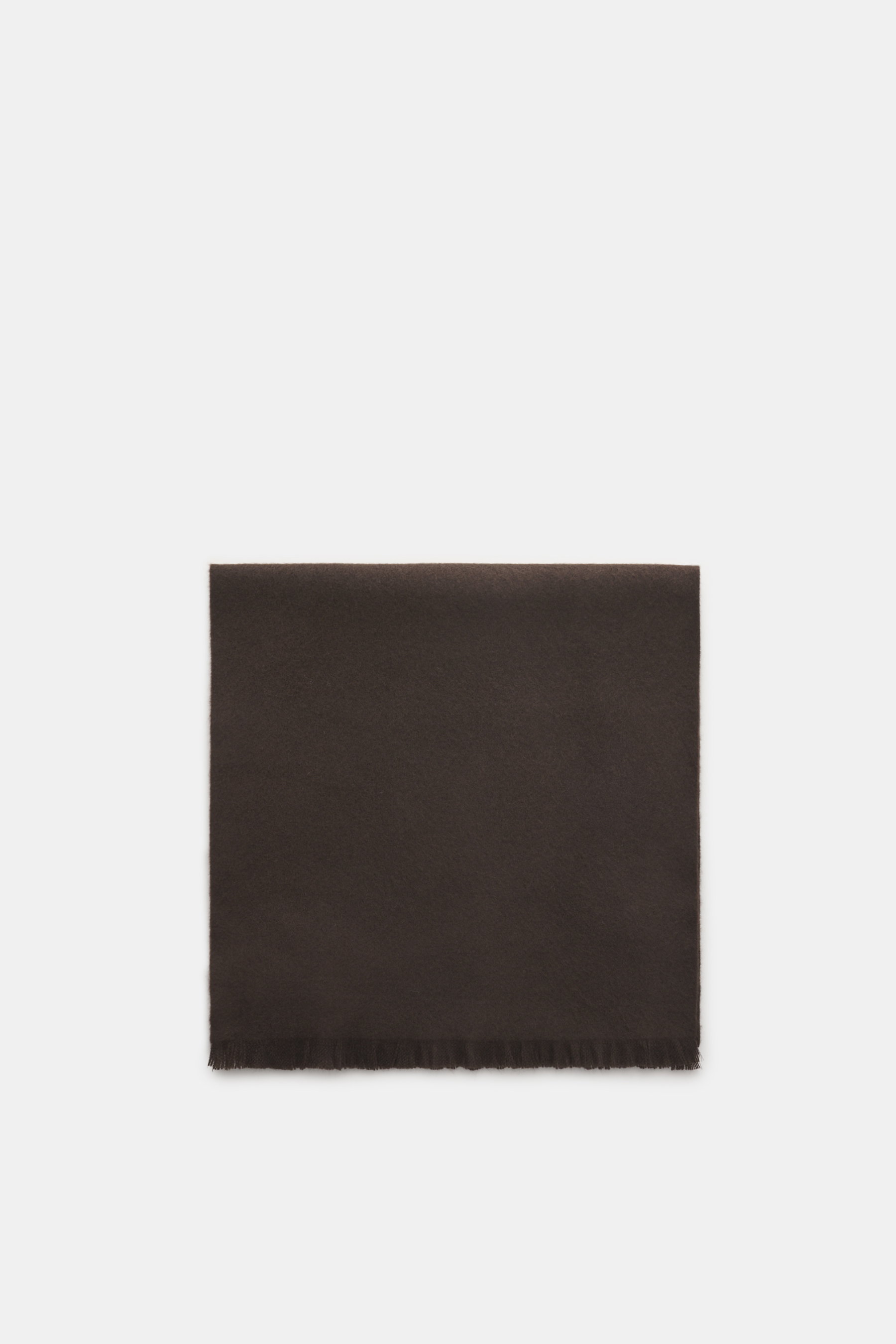 The Row Cashmere scarf 'Ingo' dark brown folded flat, top-down view showing soft, matte finish with narrow fringed edges, pure cashmere, 188x45 cm.