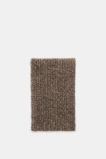 Agnona Schal taupe/dunkelbraun meliert, grober Mouliné Patent-Strick aus Wolle und Cashmere, sehr weich, flach liegend von oben fotografiert, ca. 210x25 cm.